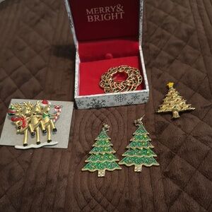 Festive Green and Gold Christmas Tree Earrings and various Christmas brooches